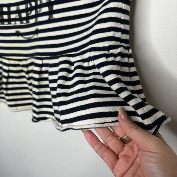 MNG Mango Black White Stripe I Do What Makes Me Happy Short Sleeve Ruffle Tee SM - Picture 2 of 9